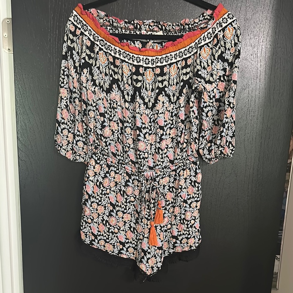 Chelsea & Violet Black Floral Romper with Orange Accents